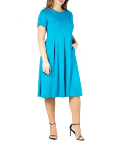 24seven Comfort Apparel Maternity Midi Dress With Short Sleeve And Pocket Detail In Turquoise