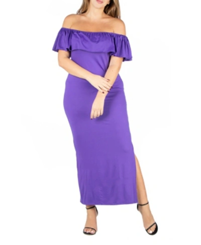 24seven Comfort Apparel Maternity Off Shoulder Ruffle Detail Side Slit Maxi Dress In Purple