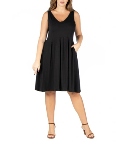 24seven Comfort Apparel Plus Size Midi Fit And Flare Pocket Dress In Black