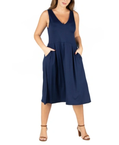 24seven Comfort Apparel Women's Fit And Flare Midi Sleeveless Dress With Pocket Detail In Navy