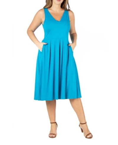 24seven Comfort Apparel Women's Fit And Flare Midi Sleeveless Dress With Pocket Detail In Turquoise