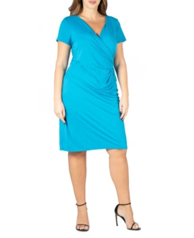24seven Comfort Apparel Plus Size Short Sleeve V-neck Faux Wrap Dress In Turquoise