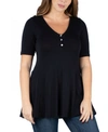 24seven Comfort Apparel Plus Size Elbow Sleeve Henley Tunic Top In Black