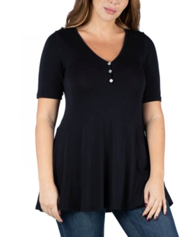 24seven Comfort Apparel Plus Size Elbow Sleeve Henley Tunic Top In Black