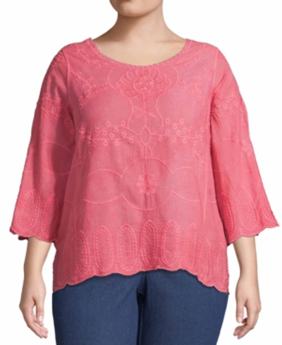 John Paul Richard Plus Size Embroidered 3/4-sleeve Top In Raspberry