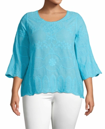 John Paul Richard Plus Size Embroidered 3/4-sleeve Top In Seabreeze