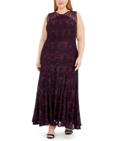 R & M Richards Plus Size Sequin Lace Gown In Plum Purple
