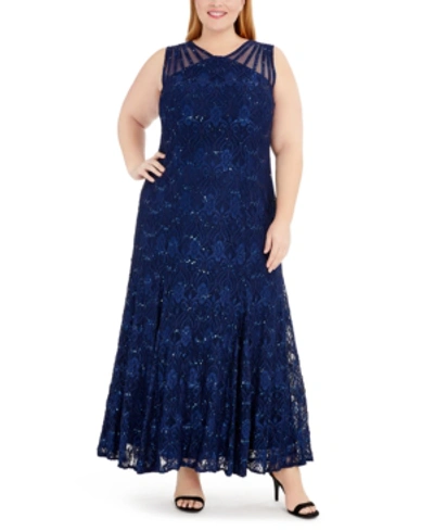 R & M Richards Plus Size Sequin Lace Gown In Navy Blue