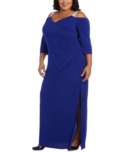 R & M Richards Plus Size Embellished Cold-shoulder Gown In Electric Blue