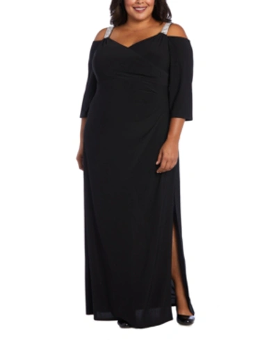 R & M Richards Plus Size Embellished Cold-shoulder Gown In Black