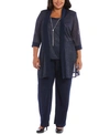 R & M Richards Plus Size 3-pc. Metallic Jacket, Metallic Necklace Top & Pants Set In Navy Blue