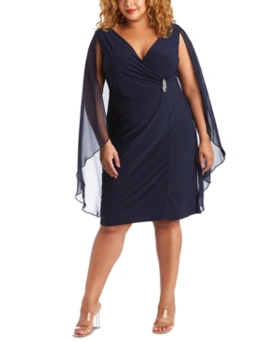 R & M Richards Plus Size Embellished Chiffon-cape Dress In Navy Blue