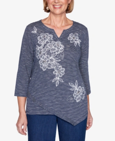 Alfred Dunner Plus Size Three Quarter Sleeve Floral Embroidery Striped Knit Top In Indigo