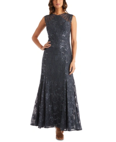 R & M Richards Plus Size Sequin Lace Gown In Charcoal