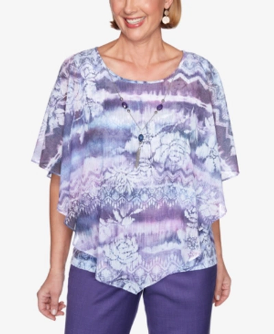 Alfred Dunner Women's Plus Size Wisteria Lane Ikat Floral Flutter Top In Multi