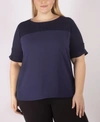 NY COLLECTION PLUS SIZE SHORT SLEEVE CREPE TOP WITH CHIFFON YOKE