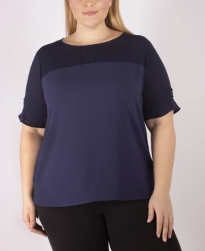 Ny Collection Plus Size Short Sleeve Crepe Top With Chiffon Yoke In Navy