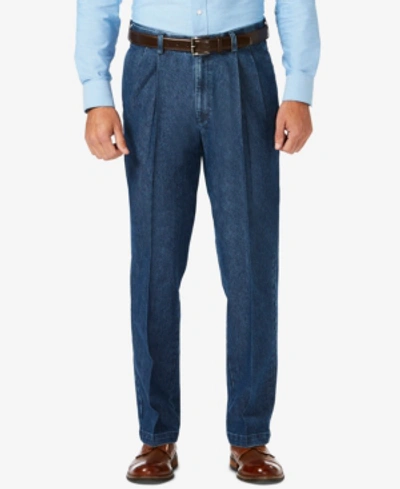 Haggar Men's Stretch Denim Classic-fit Pleated Pants In Blue