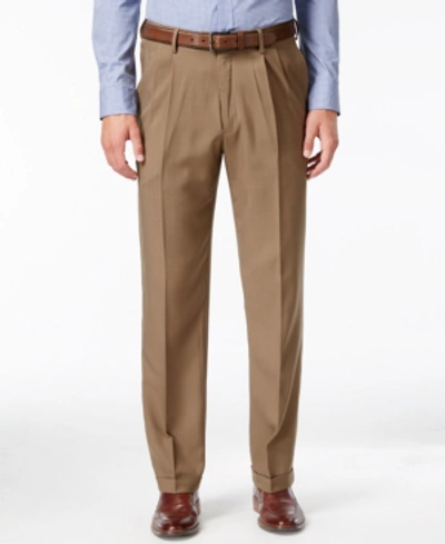 Haggar Men's Texture Weave Classic Fit Pleated Hidden Expandable Waistband Dress Pants In Khaki