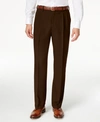 HAGGAR MEN'S ECLO STRIA CLASSIC FIT PLEATED HIDDEN EXPANDABLE WAISTBAND DRESS PANTS