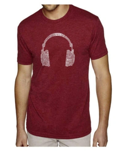 La Pop Art Mens Premium Blend Word Art T-shirt - Headphones - Music Genres In Burgundy