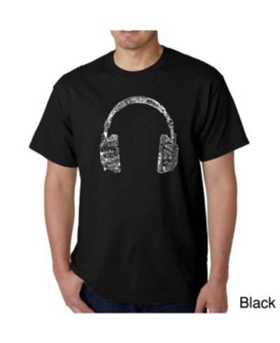 La Pop Art Mens Word Art T-shirt - Headphones - Music In Different Languages In Black