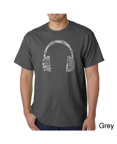 La Pop Art Mens Word Art T-shirt - Headphones - Music In Different Languages In Gray