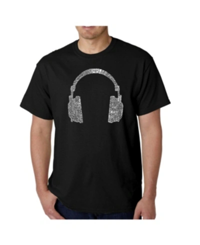 La Pop Art Mens Word Art T-shirt - Headphones - 63 Genres Of Music In Black