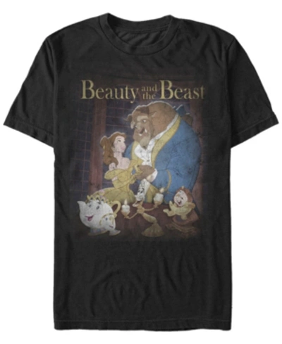 Disney Princess Disney Men's Beauty And The Beast Distressed Vintage Group Shot Short Sleeve T-shirt In Black