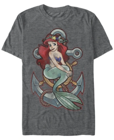 Disney Princess Disney Men's The Little Mermaid Ariel Vintage Anchor Tattoo Style Short Sleeve T-shirt In Charcoal H
