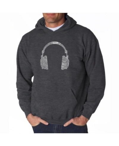 La Pop Art Men's Word Art Hoodie - Headphones - 63 Genres Of Music In Dark Gray