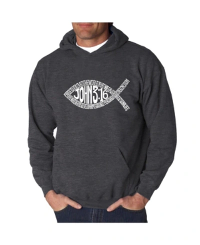 La Pop Art Men's Word Art Hooded Sweatshirt - John 3:16 Fish Symbol In Dark Gray