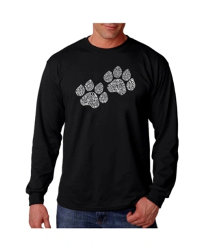 La Pop Art Men's Word Art Long Sleeve T-shirt- Woof Paw Prints In Black