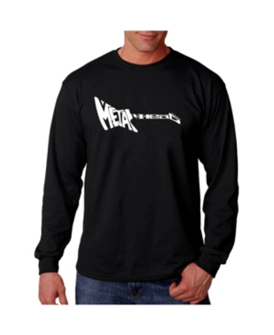La Pop Art Men's Word Art Long Sleeve T-shirt- Metal Head Guitar In Black