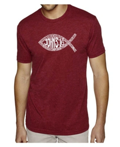 La Pop Art Men's Word Art T-shirt - John 3:16 Fish Symbol In Burgundy