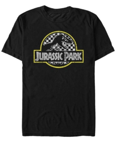 Jurassic Park Men's Distressed Checkered Logo Short Sleeve T-shirt In Black