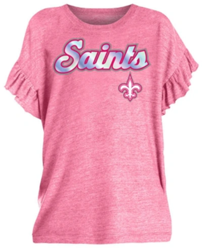 5th & Ocean Kids' Big Girls New Orleans Saints Ruffle Foil T-shirt In Pink