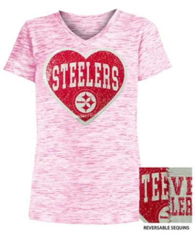 5th & Ocean Kids' Big Girls Pittsburgh Steelers Heart Flip Sequin T-shirt In Pink