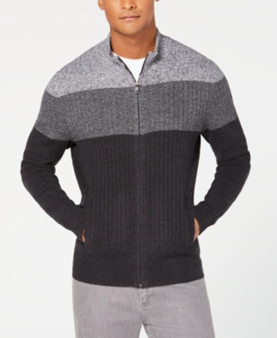 Alfani Men's Ombre Colorblocked Ribbed-knit Full-zip Sweater, Created For Macy's In Deep Black