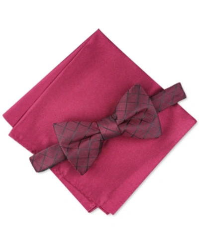 Alfani Men's Grid Pre-tied Bow Tie & Solid Pocket Square Set, Created For Macy's In Red