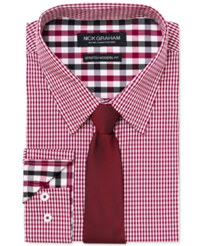Nick Graham Men's Slim-fit Stretch Easy-care Mini Gingham Dress Shirt & Navy Ground Pin Dot Tie Set In Red