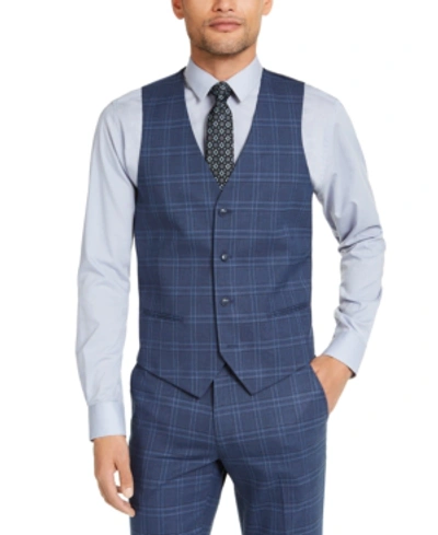 Alfani Men's Slim-fit Stretch Navy Blue Plaid Suit Vest, Created For Macy's