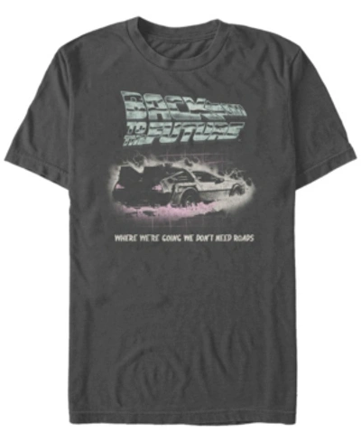 Fifth Sun Back To The Future Franchise Men's Delorean We Don't Need Roads Short Sleeve T-shirt In Charcoal