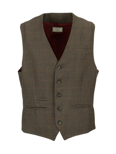 Brunello Cucinelli Lightweight Wool, Linen And Silk Prince Of Wales Waistcoat In Brown