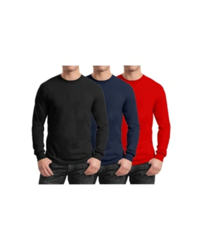 Galaxy By Harvic Men's 3-pack Egyptian Cotton-blend Long Sleeve Crew Neck Tee In Black,navy,red