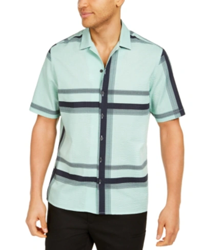 Alfani Men's Classic-fit Stretch Seersucker Plaid Shirt, Created For Macy's In Mid Tone Aqua