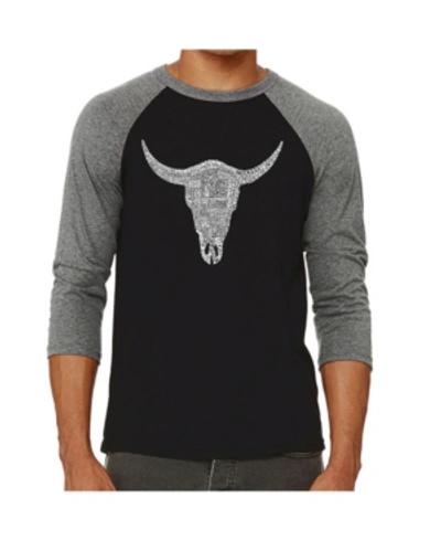 La Pop Art Country Music Cow Skull Men's Raglan Word Art T-shirt In Gray