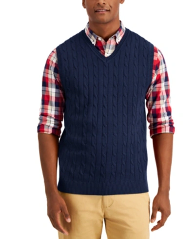 Club Room Men's Cable-knit Cotton Sweater Vest, Created For Macy's In Navy Blue