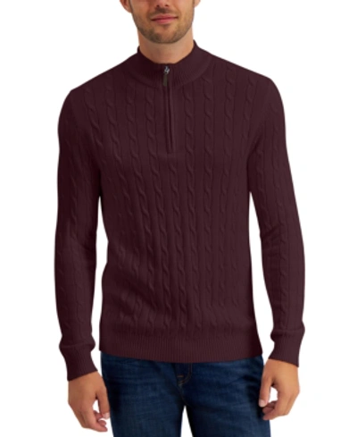 Club Room Men's Cable Knit Quarter-zip Cotton Sweater, Created For Macy's In Red Plum