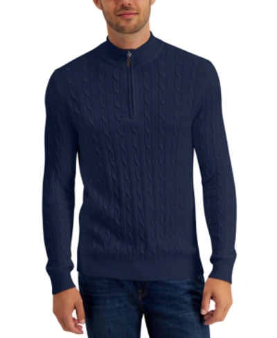Club Room Men's Cable Knit Quarter-zip Cotton Sweater, Created For Macy's In Navy Blue